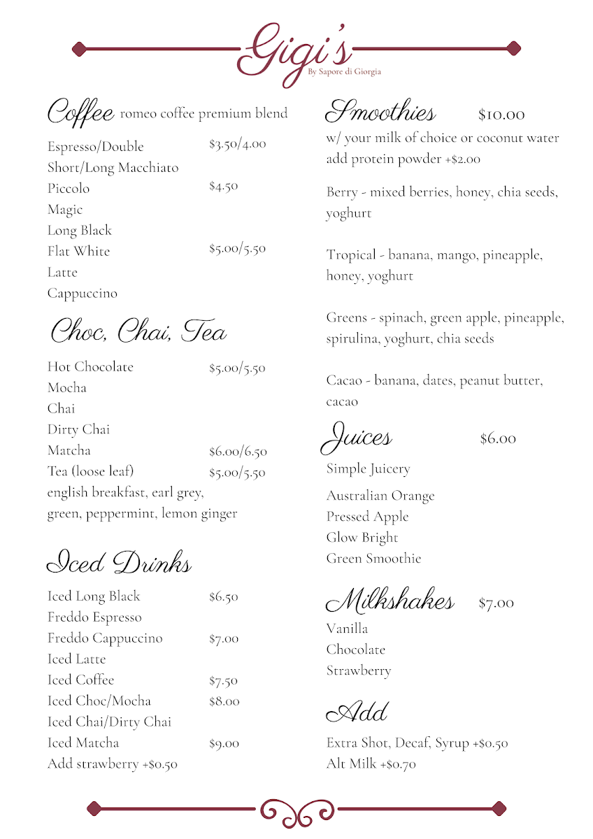 Menu, Gigi’s by Sapore di Giorgia