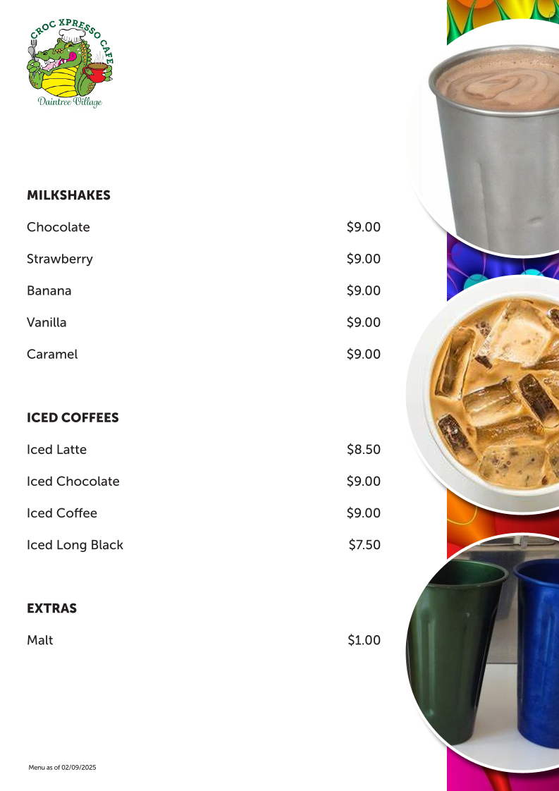 Menu, Croc Xpresso Cafe