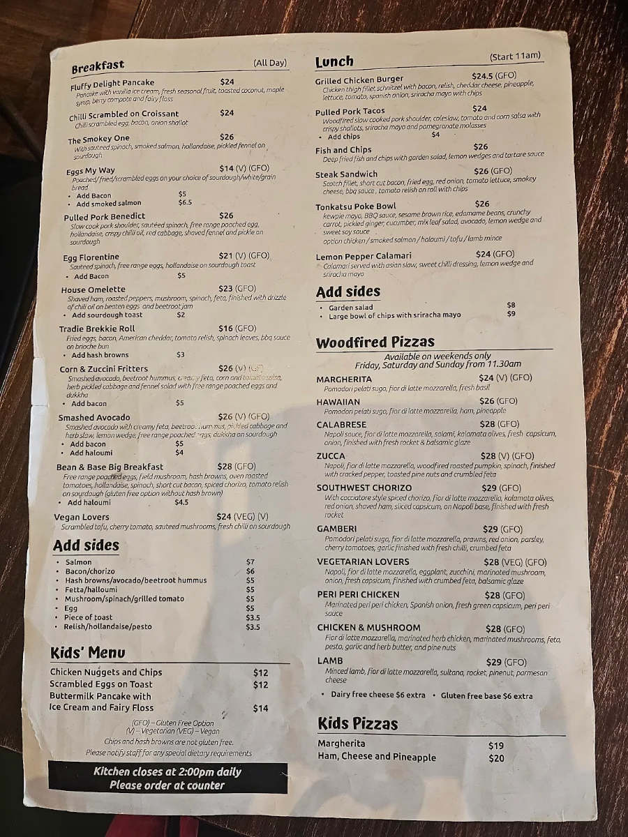 Menu, Bean & Base Cafe Bar Woodfired Pizza