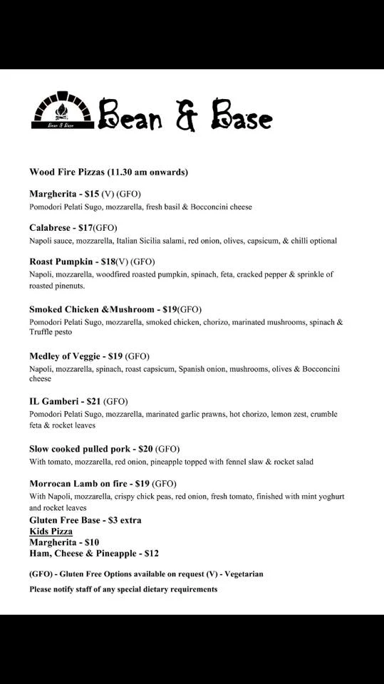 Menu, Bean & Base Cafe Bar Woodfired Pizza
