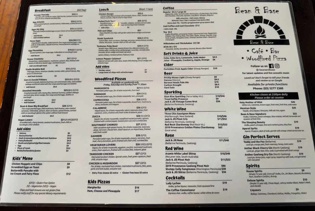 Menu, Bean & Base Cafe Bar Woodfired Pizza