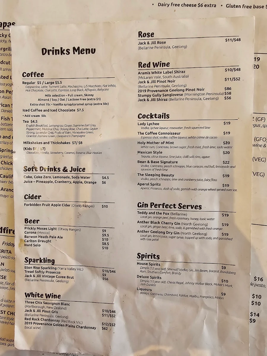 Menu, Bean & Base Cafe Bar Woodfired Pizza