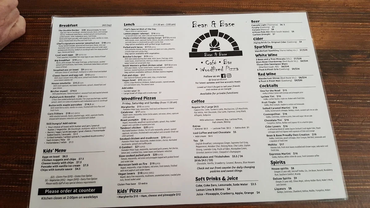 Menu, Bean & Base Cafe Bar Woodfired Pizza