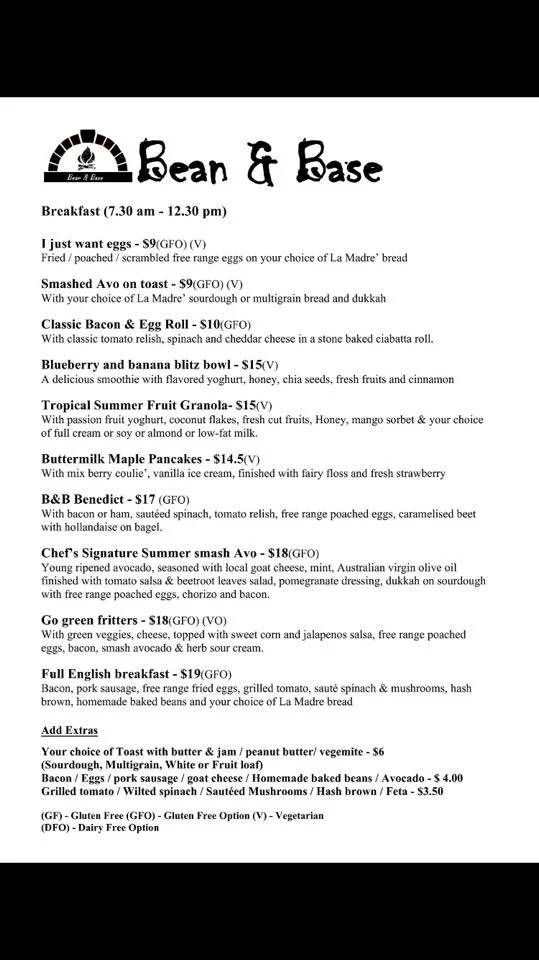 Menu, Bean & Base Cafe Bar Woodfired Pizza
