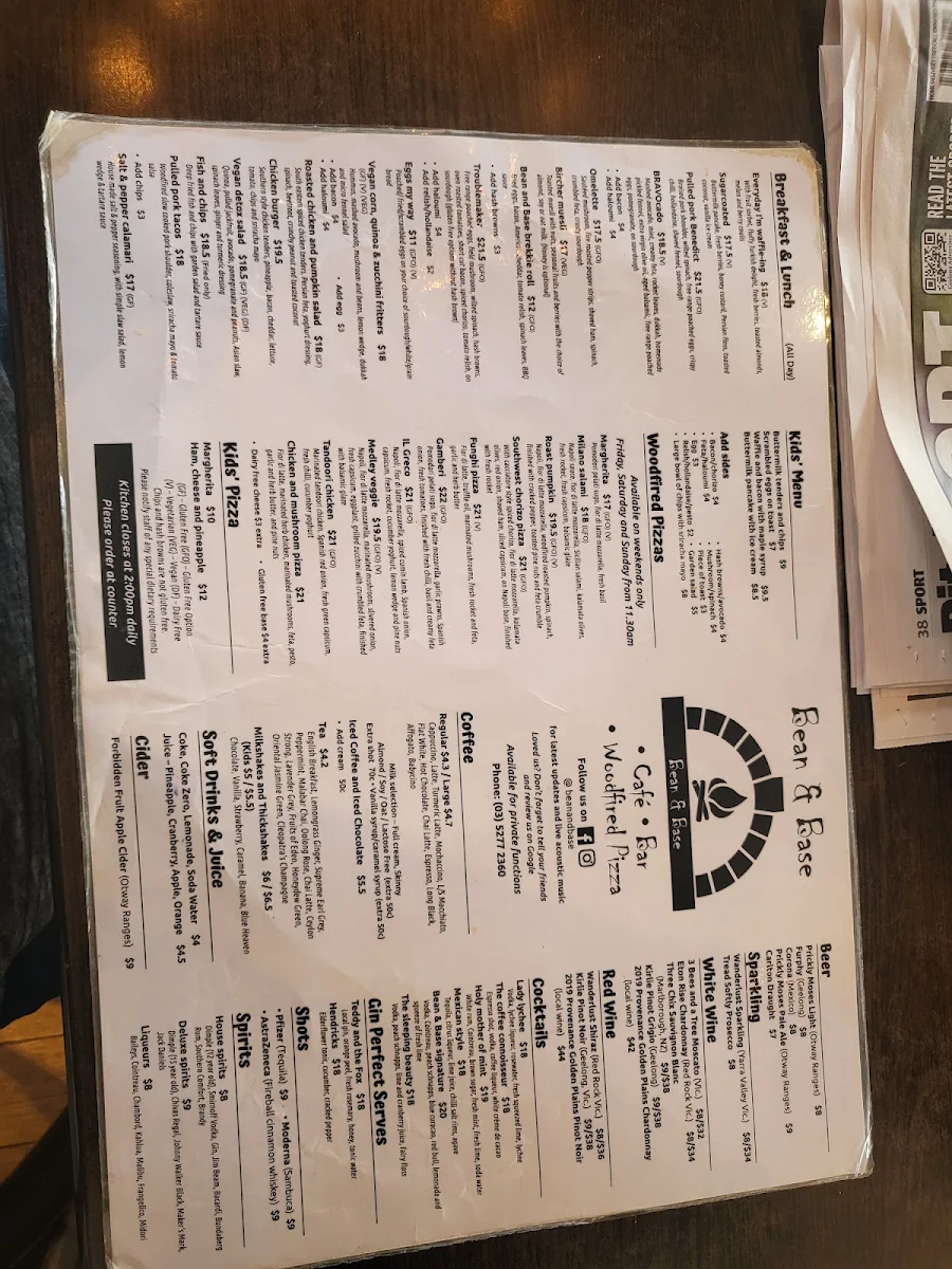 Menu, Bean & Base Cafe Bar Woodfired Pizza