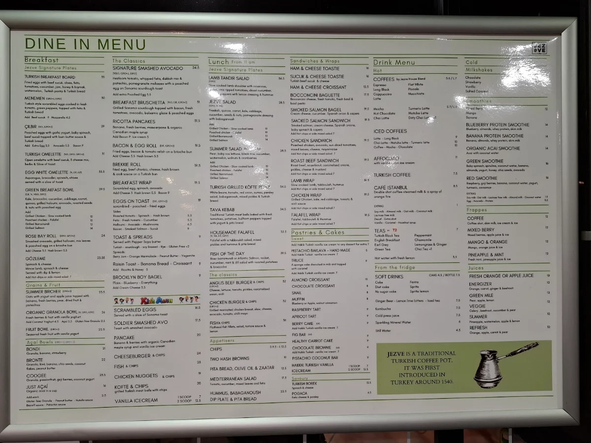 Menu, Jezve Coffee