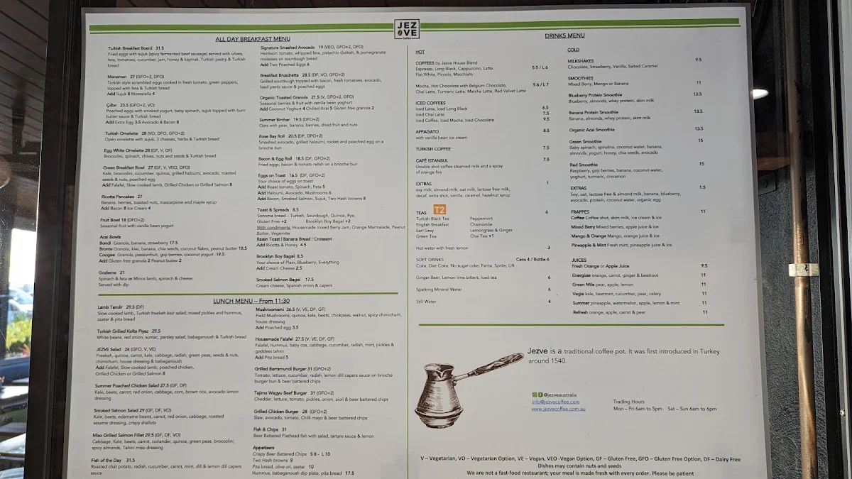 Menu, Jezve Coffee