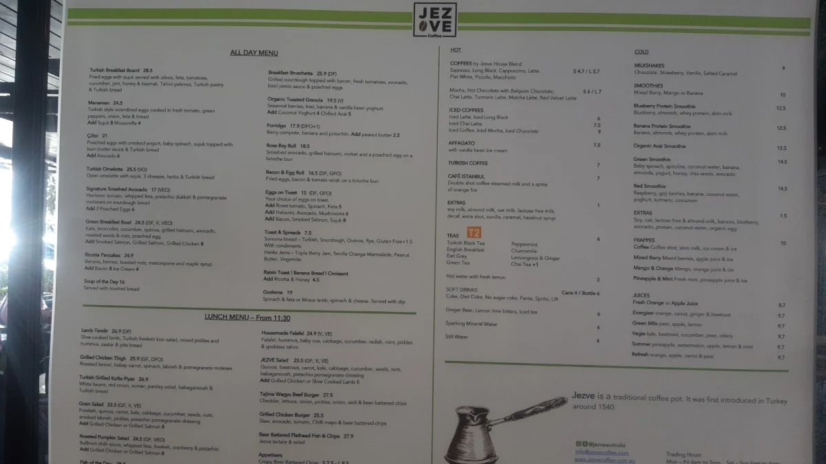 Menu, Jezve Coffee