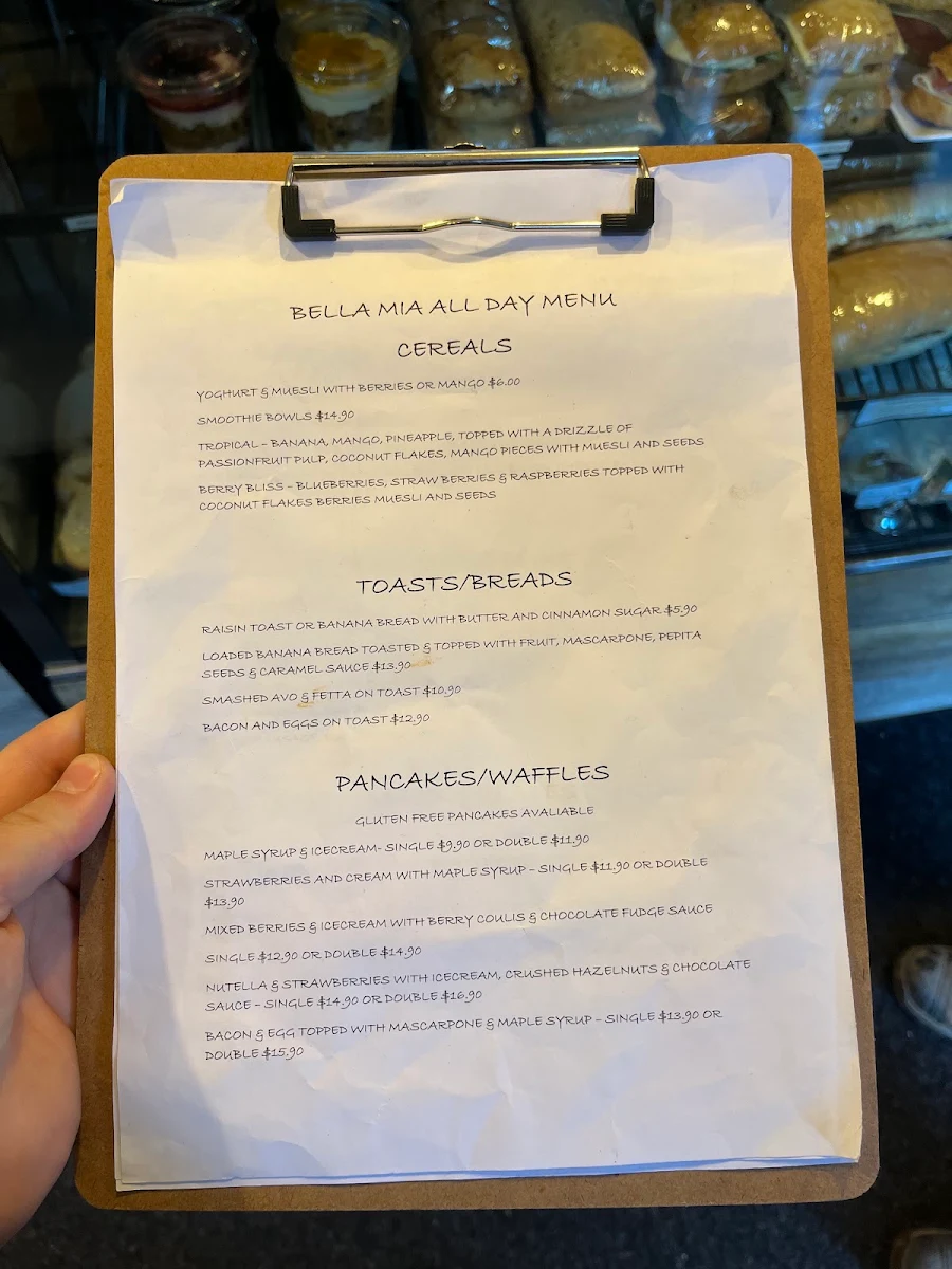 Menu, Bella Mia Espresso Bar