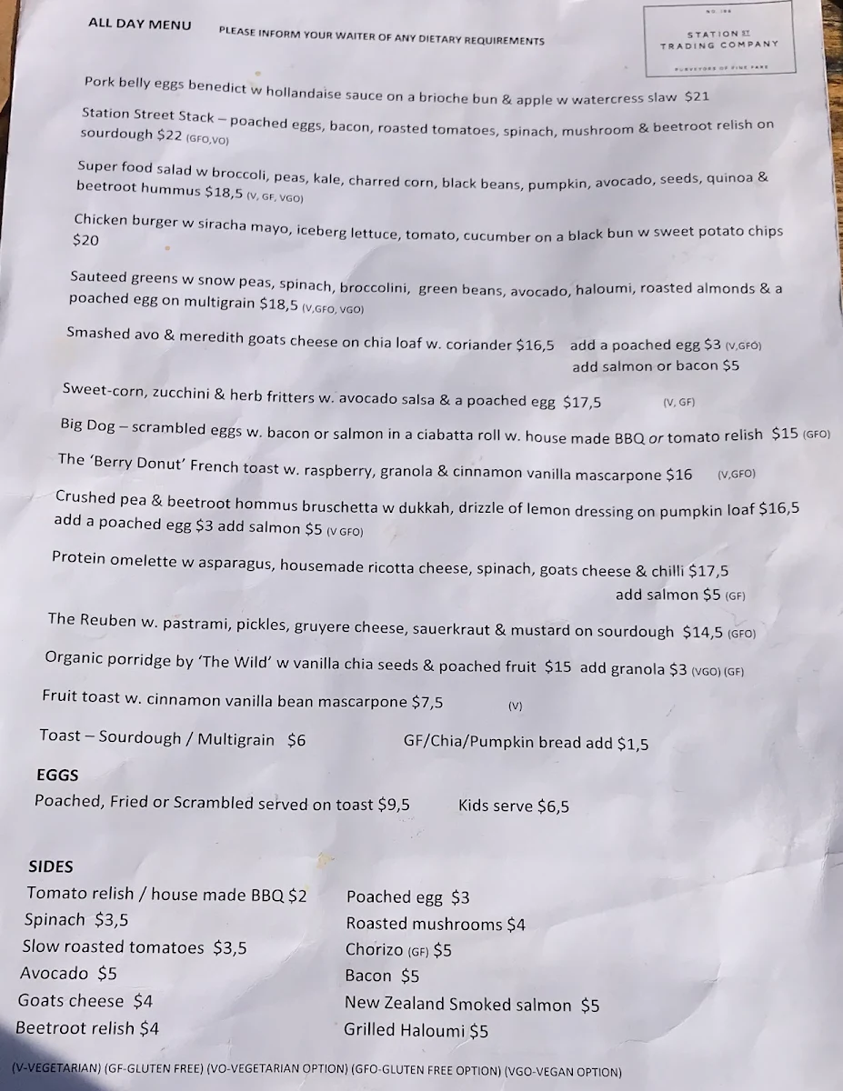 Menu, Station Street Trading Co.