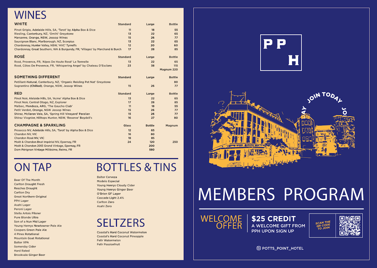 Menu, Potts Point Hotel