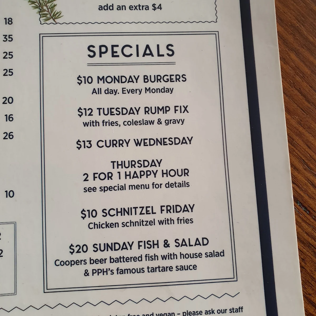 Menu, Potts Point Hotel