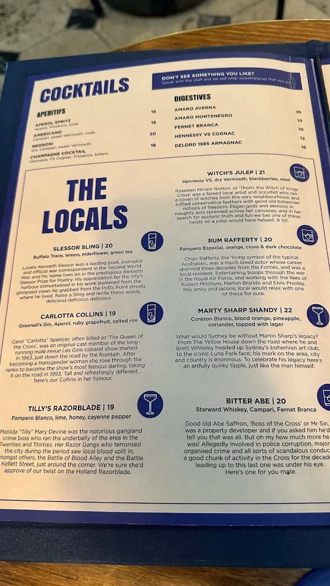 Menu, Potts Point Hotel