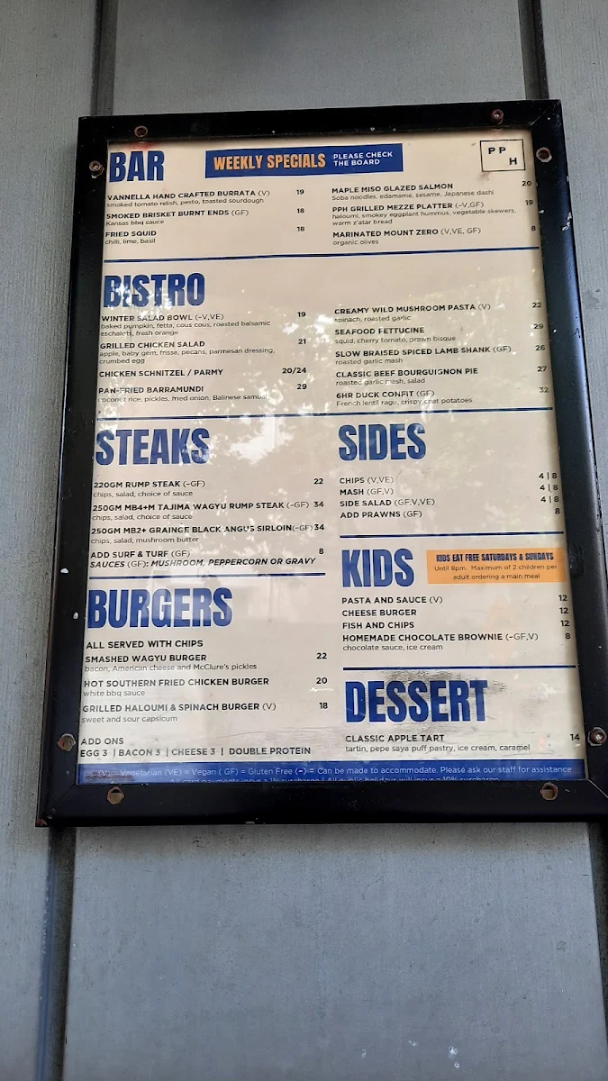 Menu, Potts Point Hotel