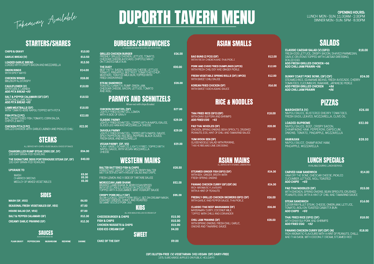 Menu, Duporth Tavern