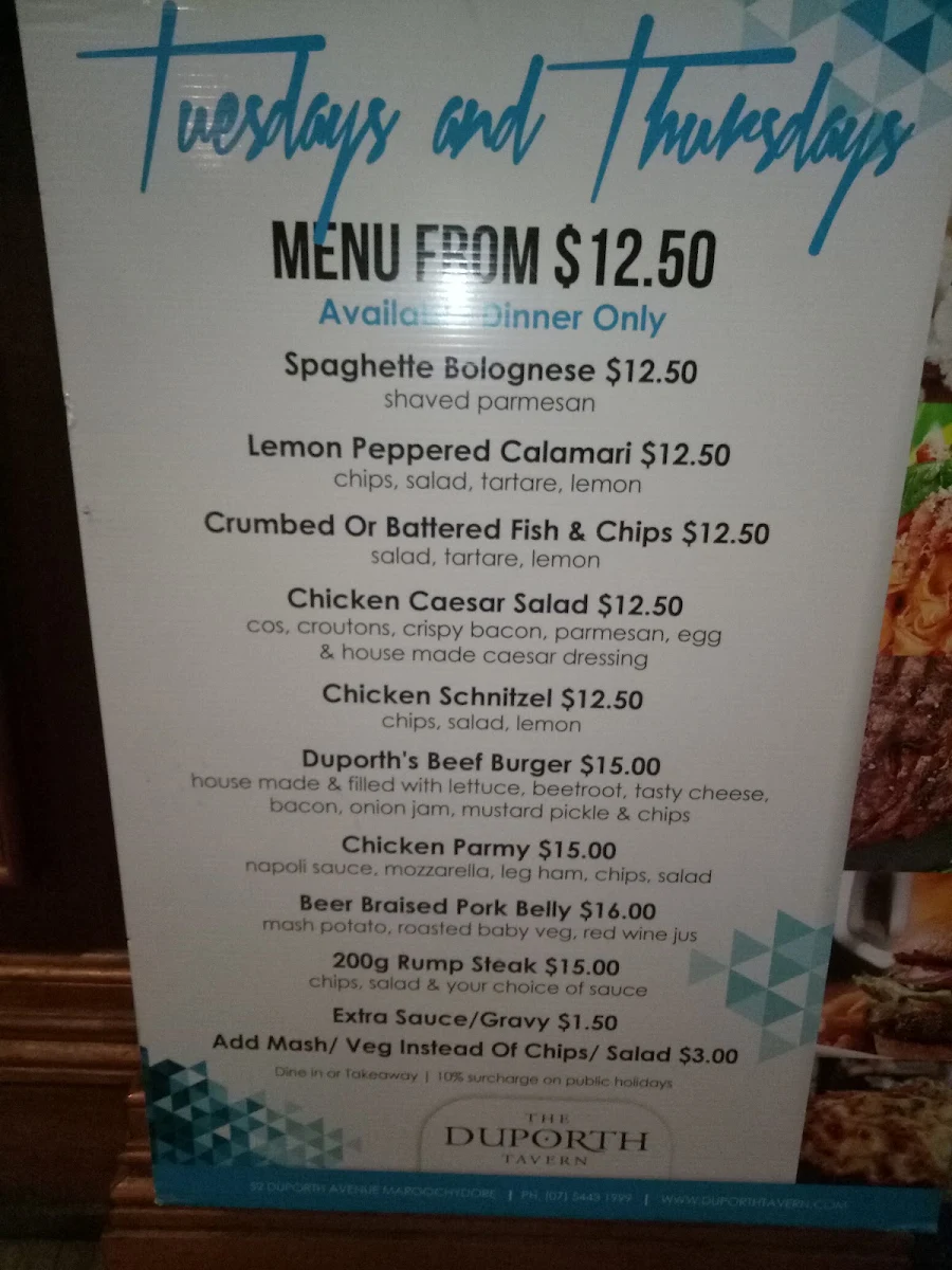 Menu, Duporth Tavern