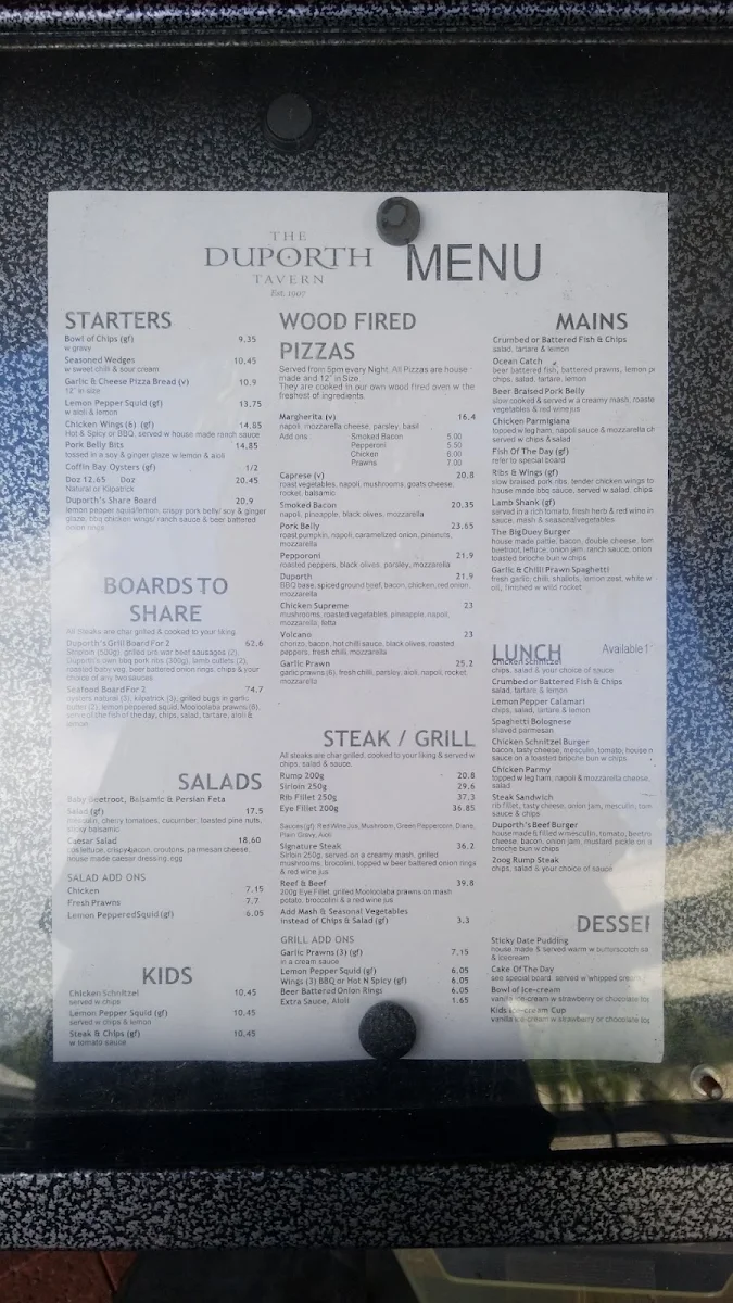 Menu, Duporth Tavern