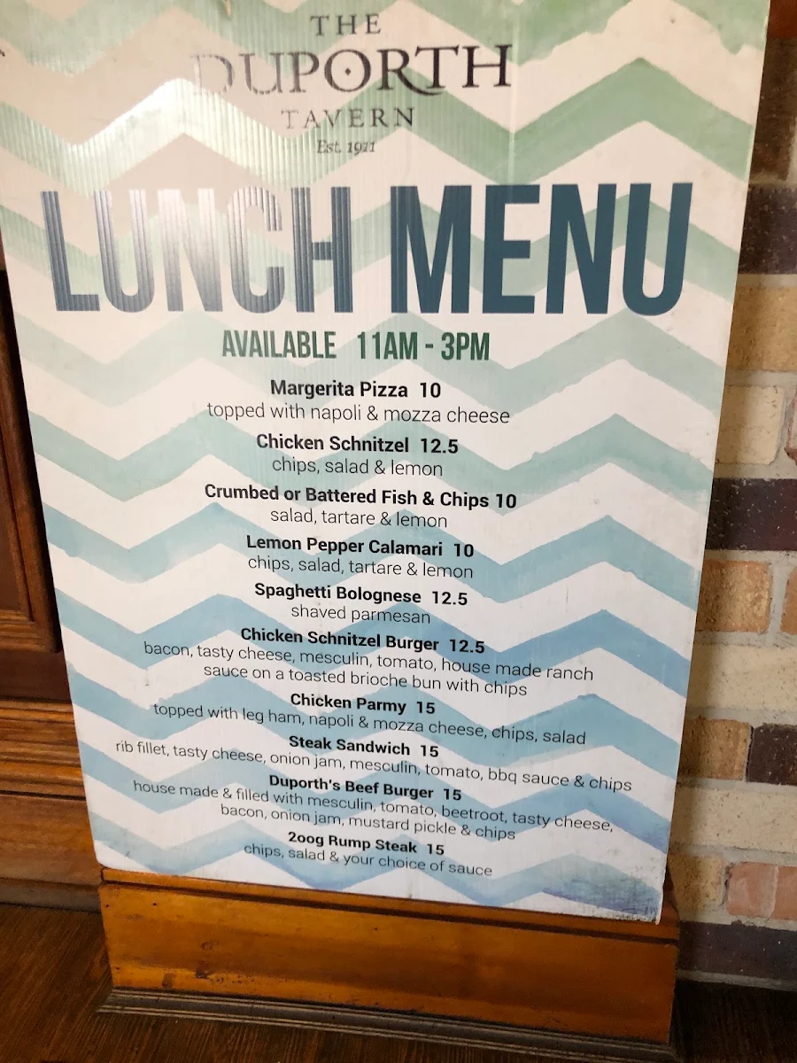 Menu, Duporth Tavern