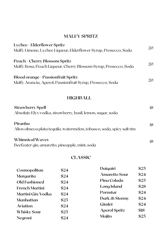 Menu, FABLE Melbourne