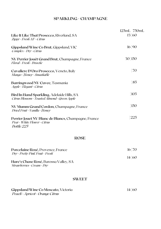 Menu, FABLE Melbourne