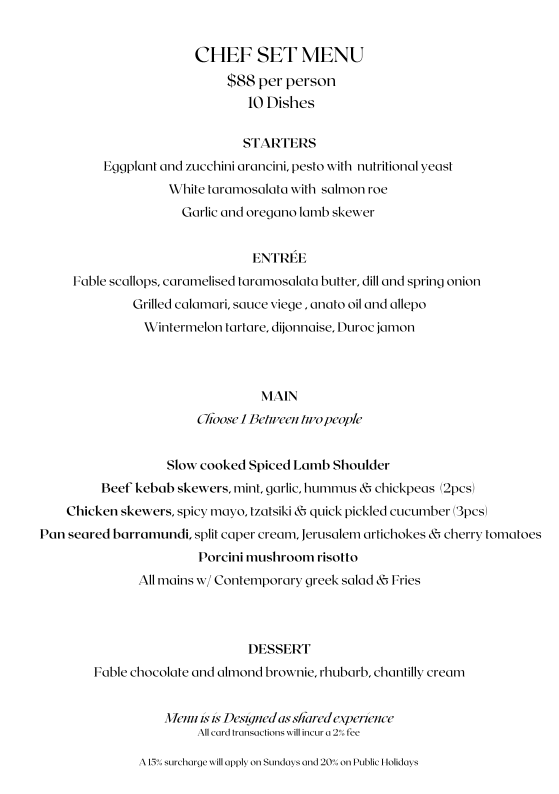 Menu, FABLE Melbourne