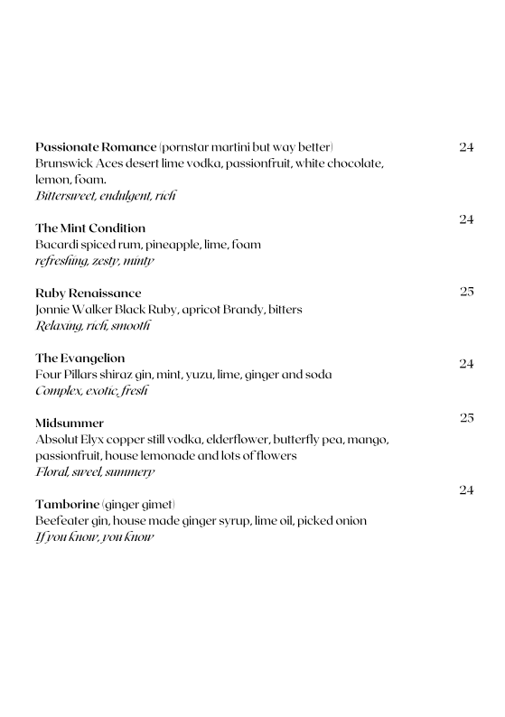 Menu, FABLE Melbourne