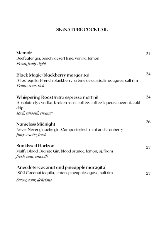 Menu, FABLE Melbourne