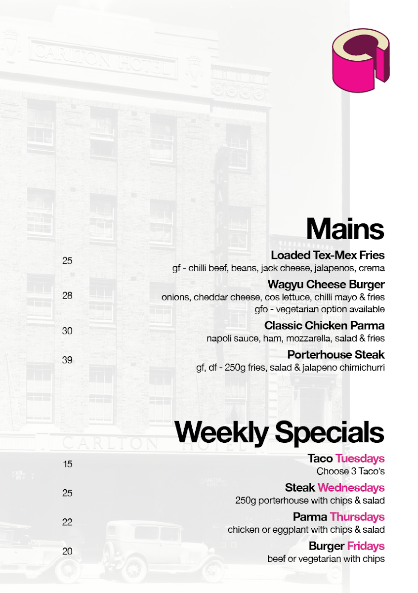 Menu, The Carlton Rooftop Bar