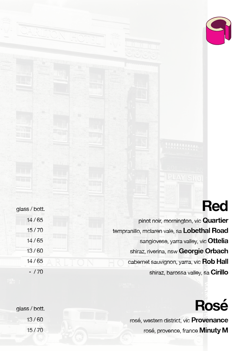 Menu, The Carlton Rooftop Bar
