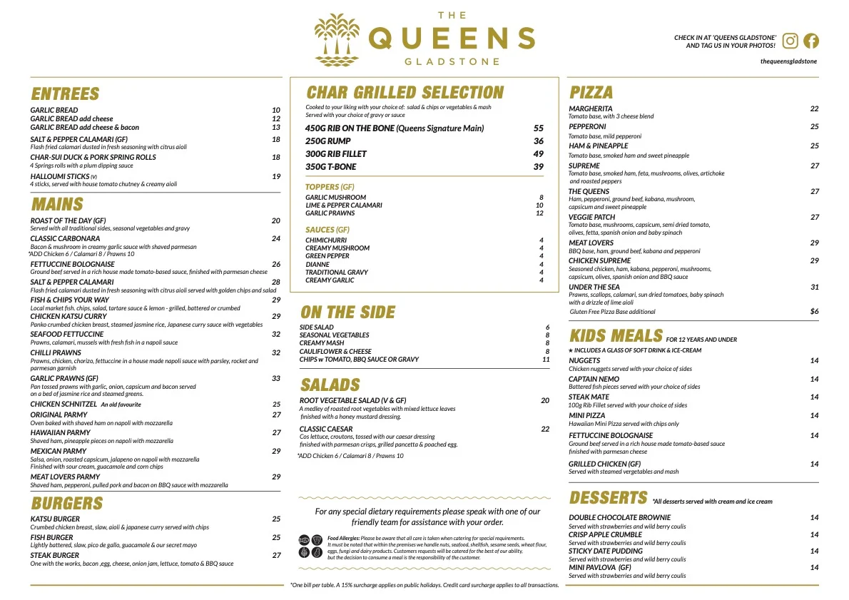 Menu, The Queens Hotel Gladstone