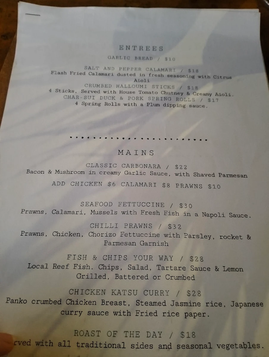 Menu, The Queens Hotel Gladstone
