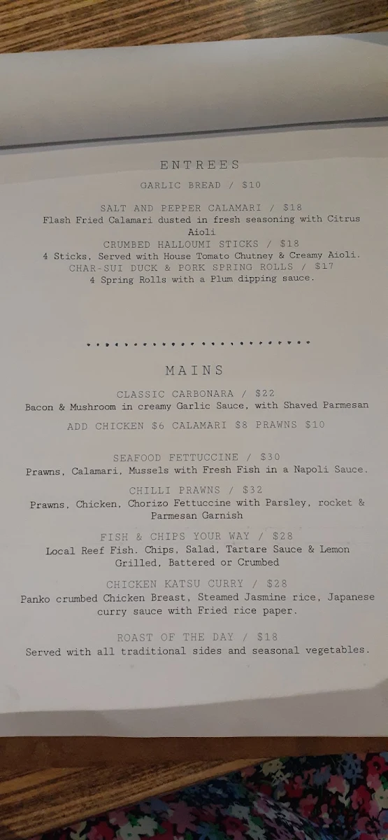 Menu, The Queens Hotel Gladstone