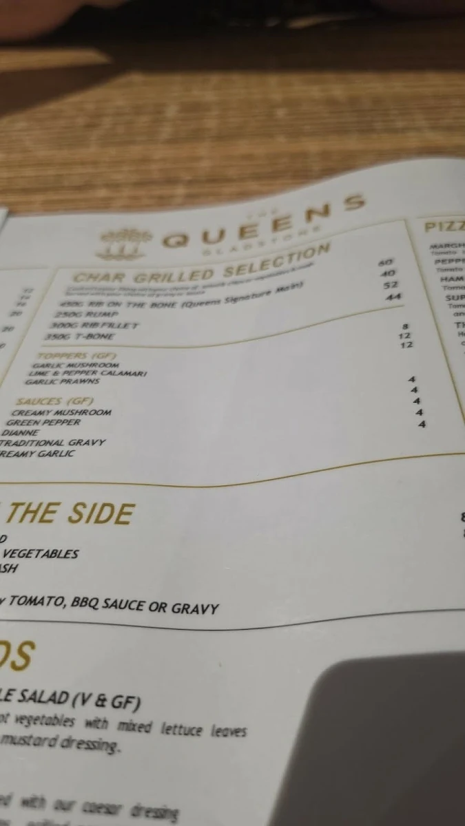 Menu, The Queens Hotel Gladstone