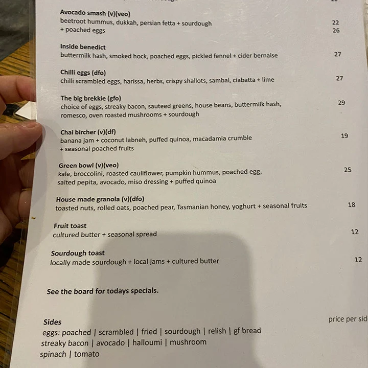 Menu, Inside Cafe