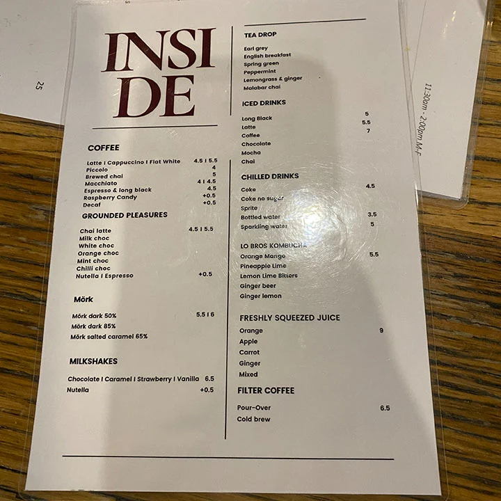 Menu, Inside Cafe