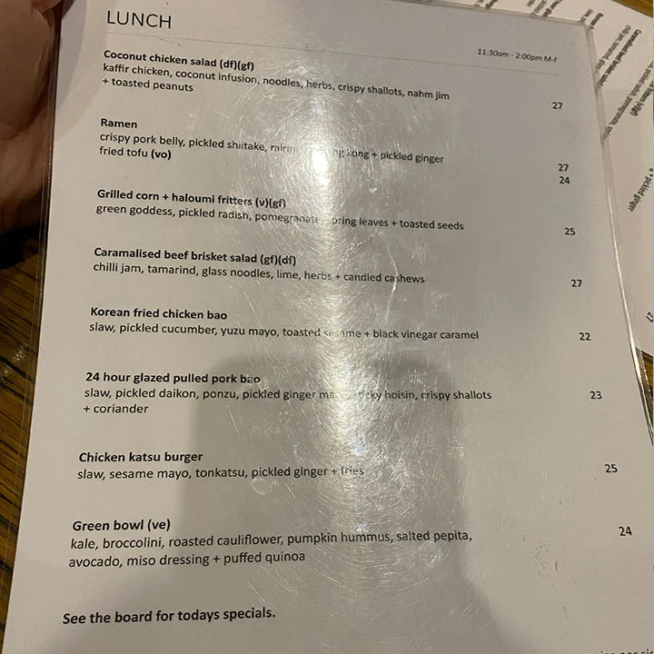 Menu, Inside Cafe