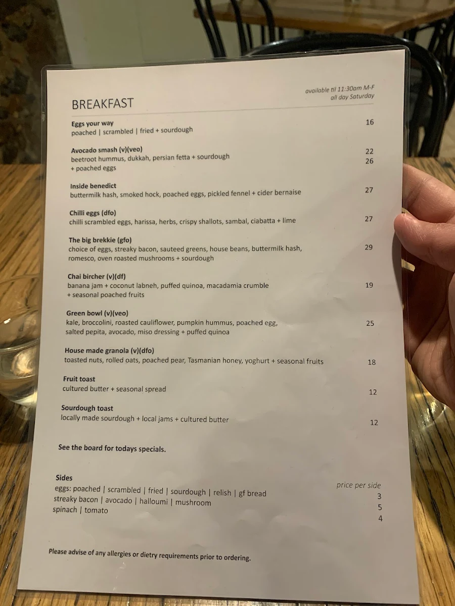 Menu, Inside Cafe