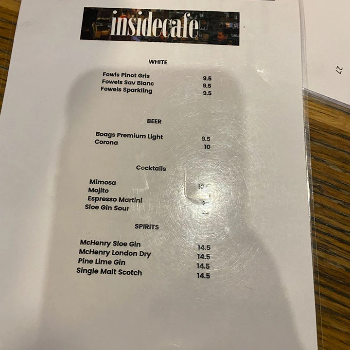 Menu, Inside Cafe