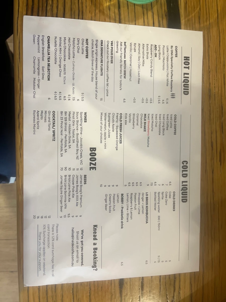 Menu, Inside Cafe