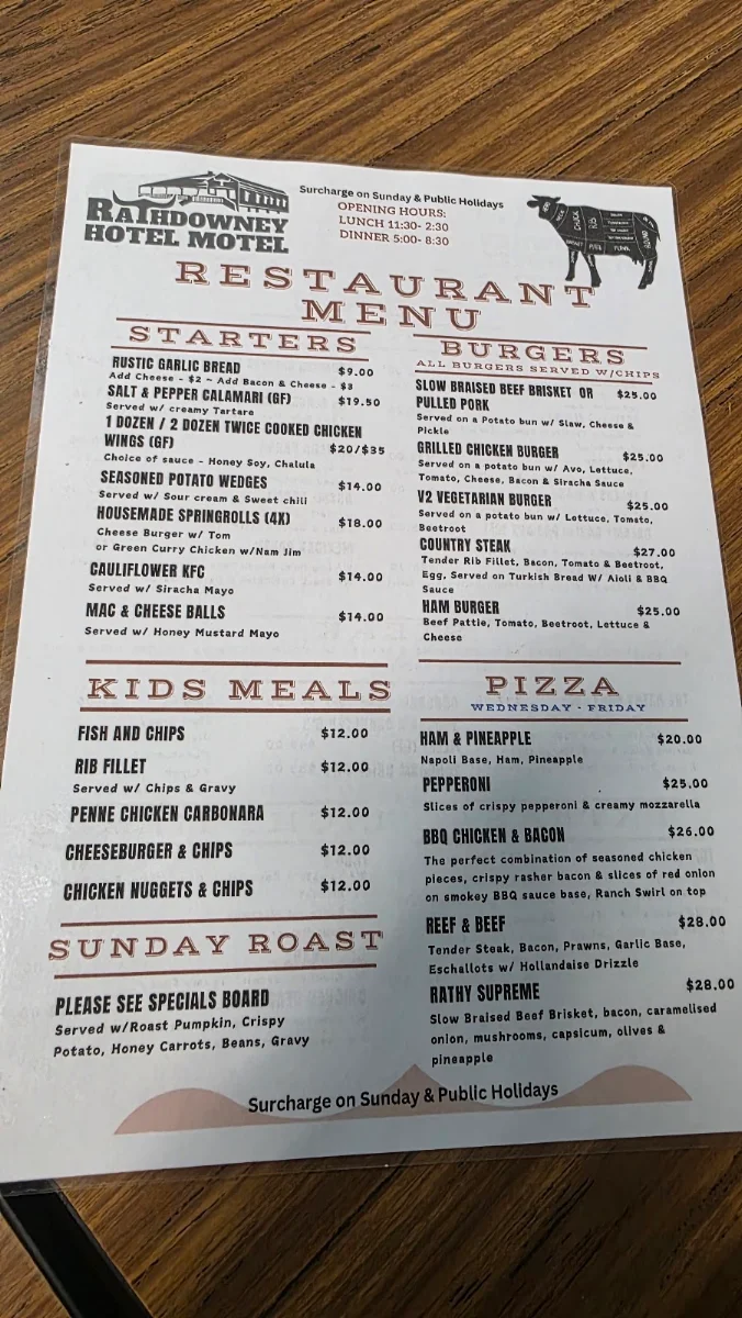 Menu, Rathdowney Hotel Motel