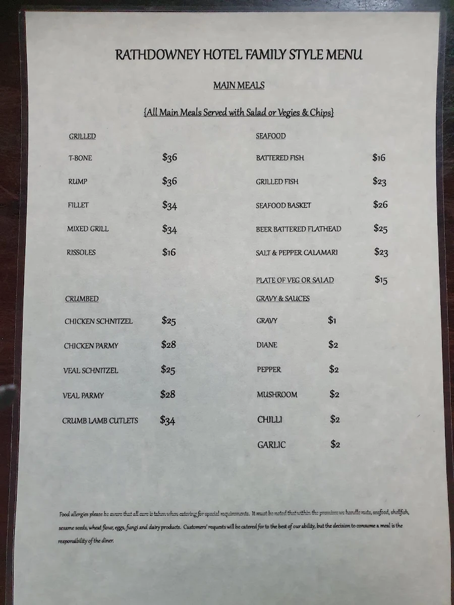 Menu, Rathdowney Hotel Motel