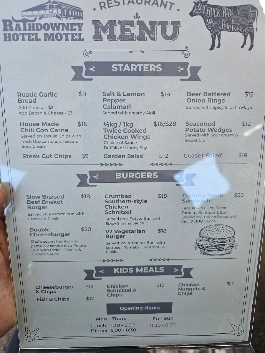Menu, Rathdowney Hotel Motel