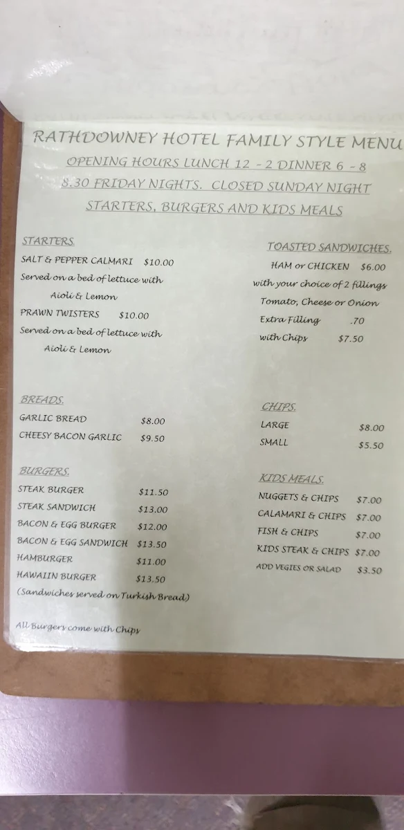 Menu, Rathdowney Hotel Motel