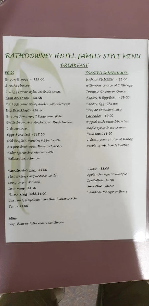 Menu, Rathdowney Hotel Motel