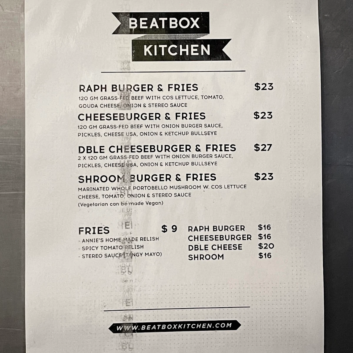 Menu, Beatbox Kitchen