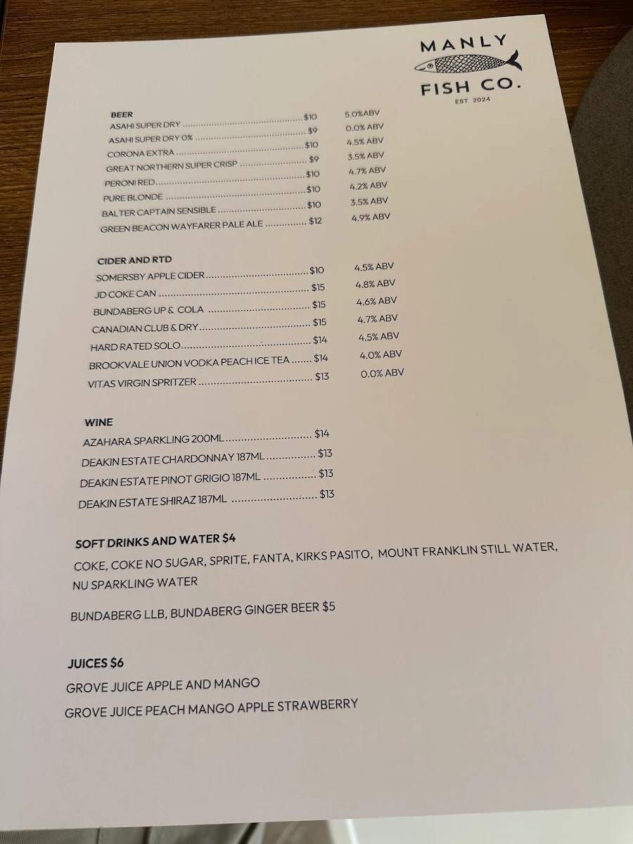 Menu, Manly Fish Co.