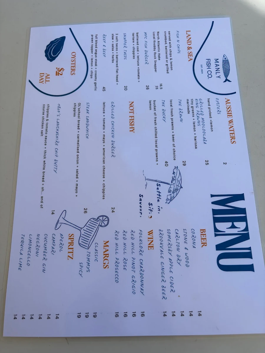 Menu, Manly Fish Co.