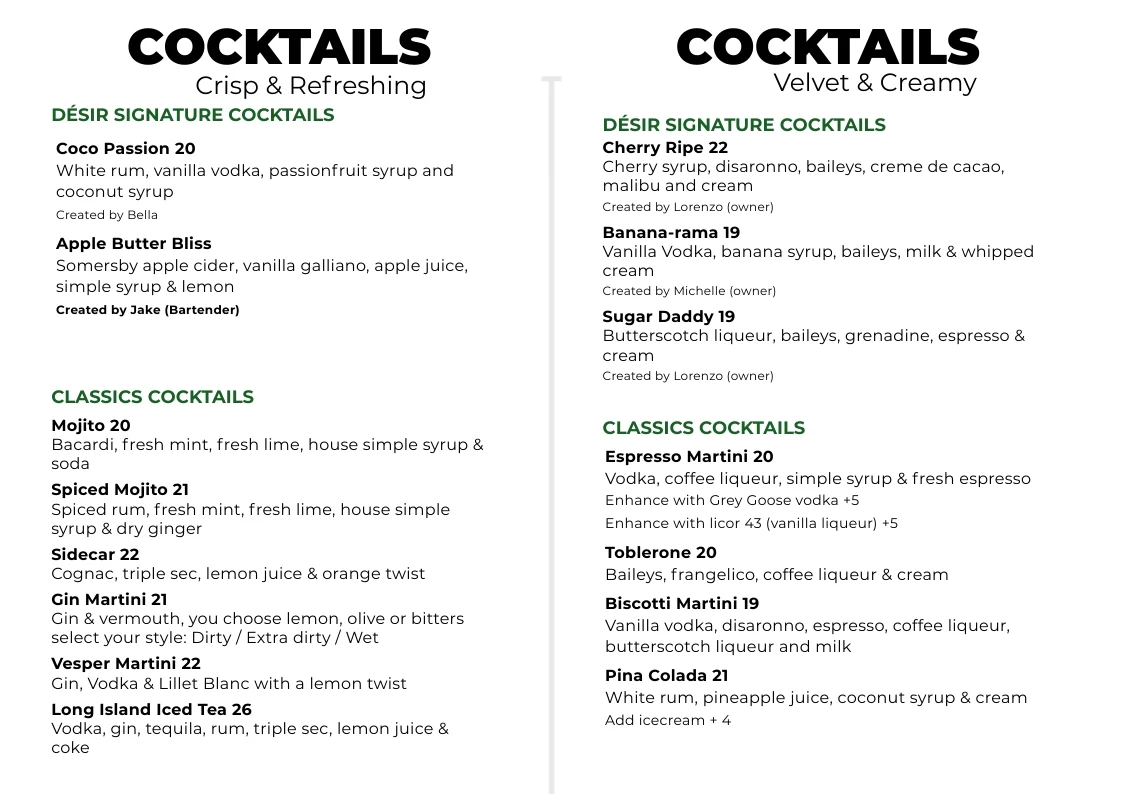 Menu, Désir Wine & Cocktail Lounge