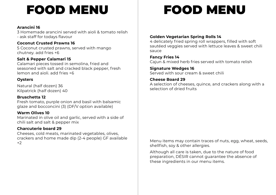 Menu, Désir Wine & Cocktail Lounge