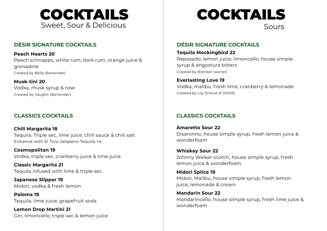 Menu, Désir Wine & Cocktail Lounge